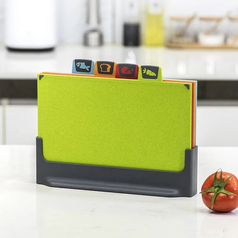 Flexora SafePrep 5-piece colour-coded cutting board set with storage rack